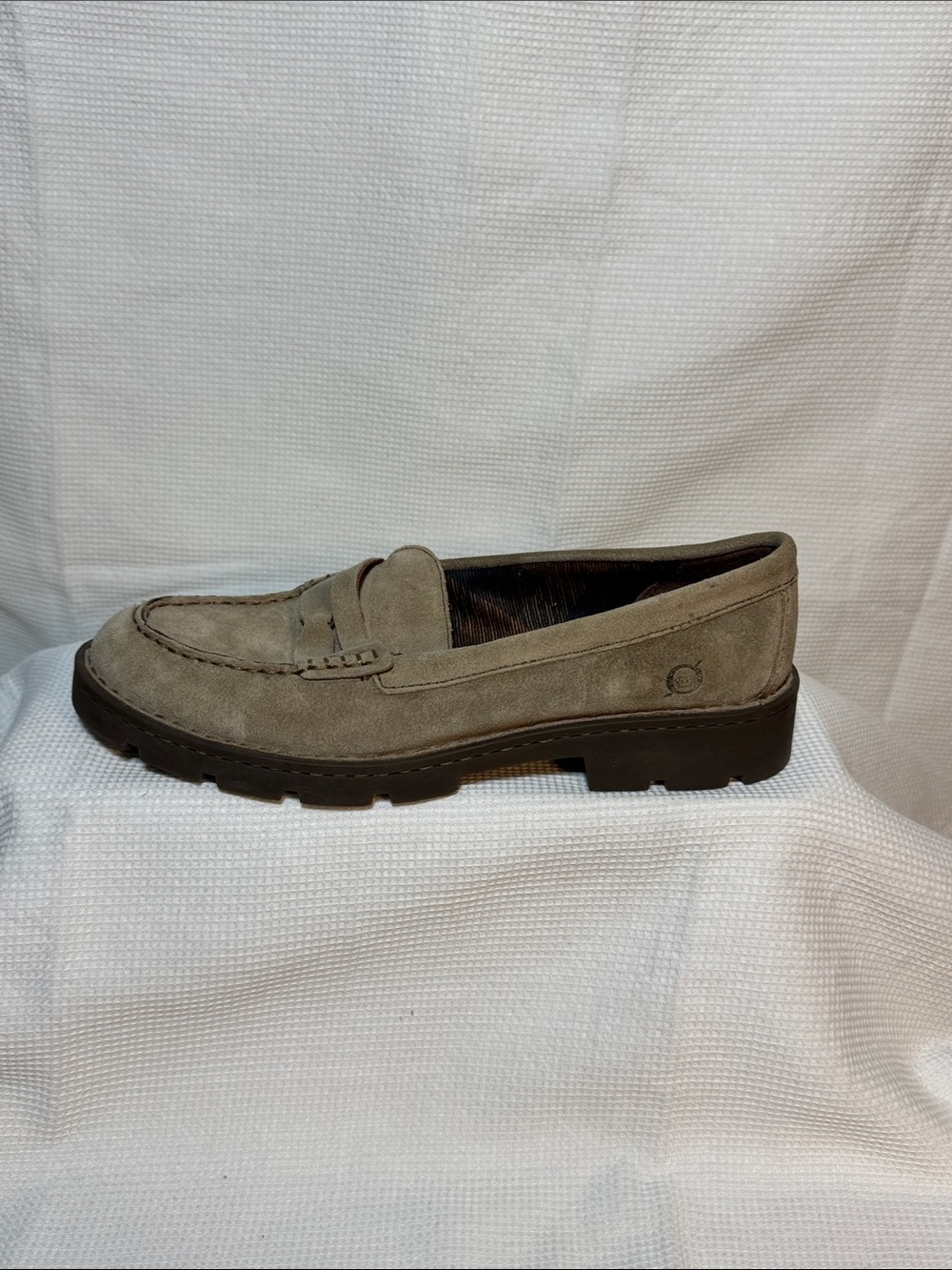 Born women Taupe Suede Lug Sole Penny Loafer